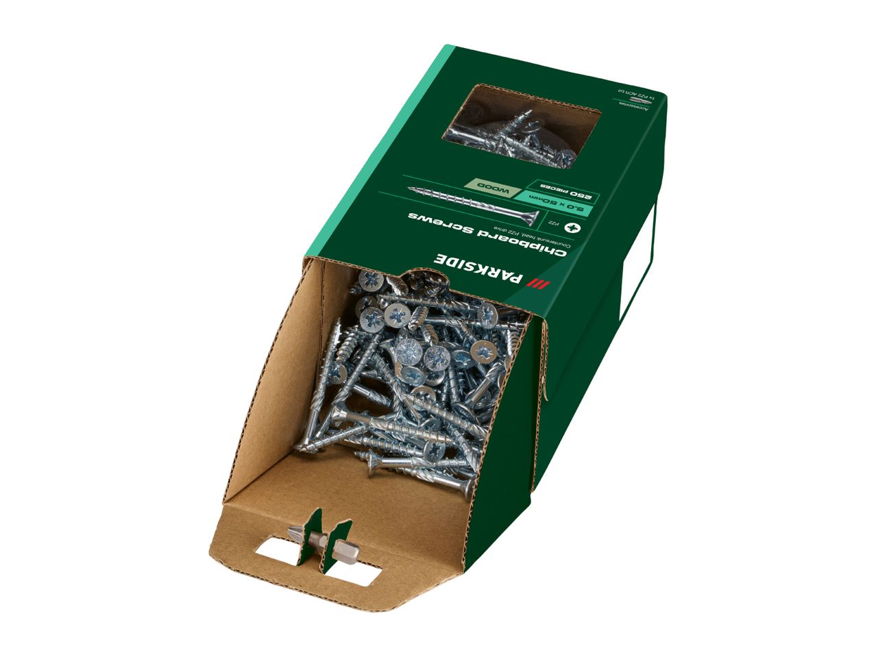 Open box of chipboard screws with a PZ2 bit, 250 pieces, 5.0 x 50mm, for wood.
