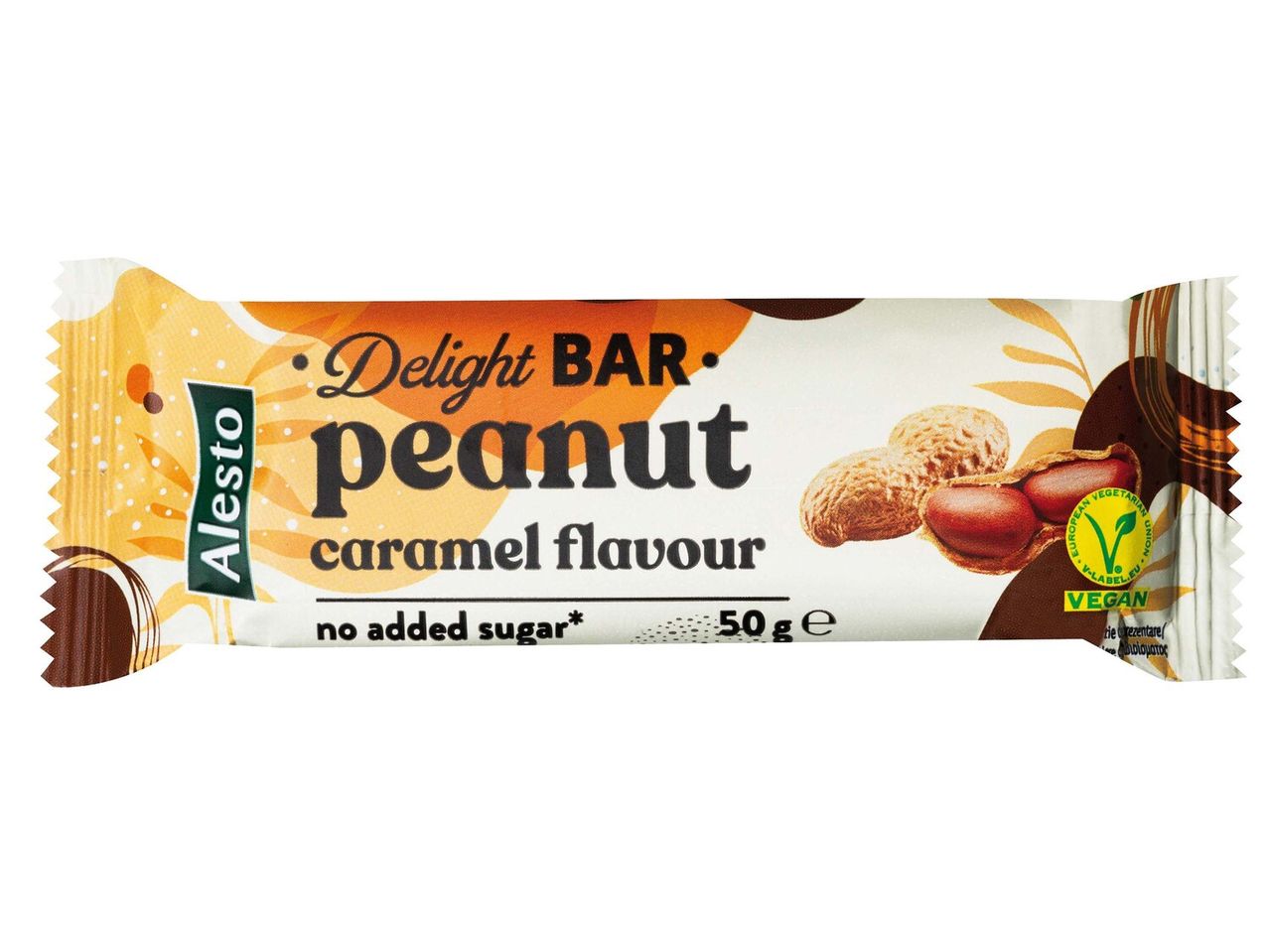 Alesto Delight vegán mogyoró-karamell ízű protein szelet, hozzáadott cukor nélkül.