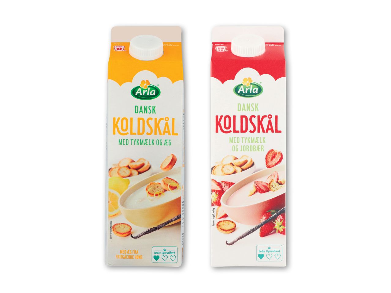 To kartoner koldskål, en med citron og æg, den anden med jordbær, begge med kammerjunker.