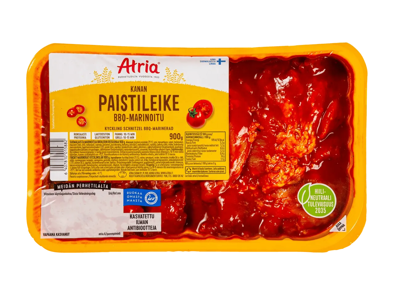 BBQ-marinoituja kanan paistileikkeitä pakkauksessa, jossa on tietoa tuotteesta ja vastuullisuudesta.