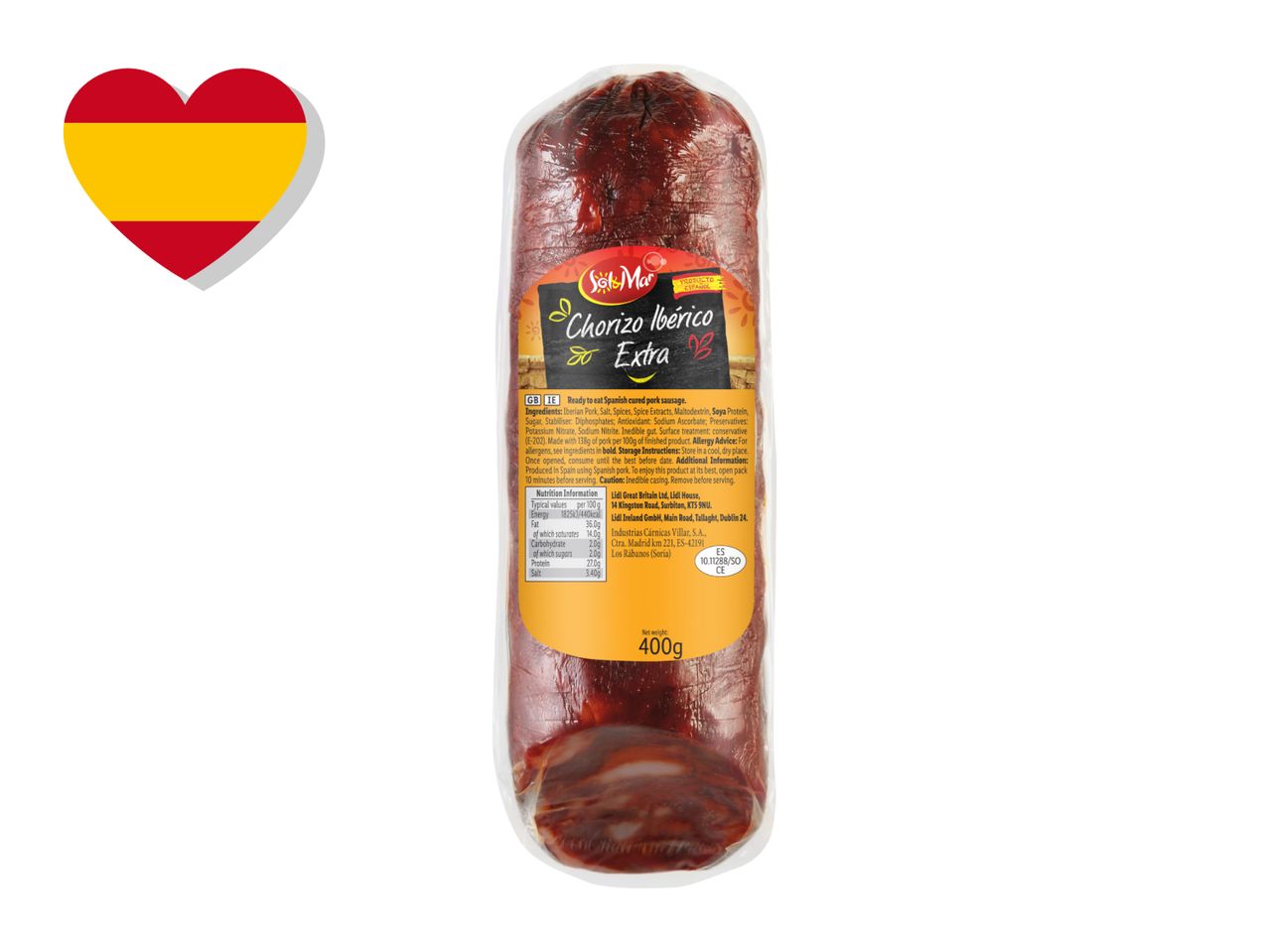 Spanish chorizo sausage with a heart-shaped Spanish flag, 400g net weight.