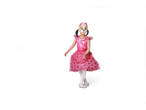 Child in a pink Paw Patrol Skye costume with a mask and sparkly shoes.