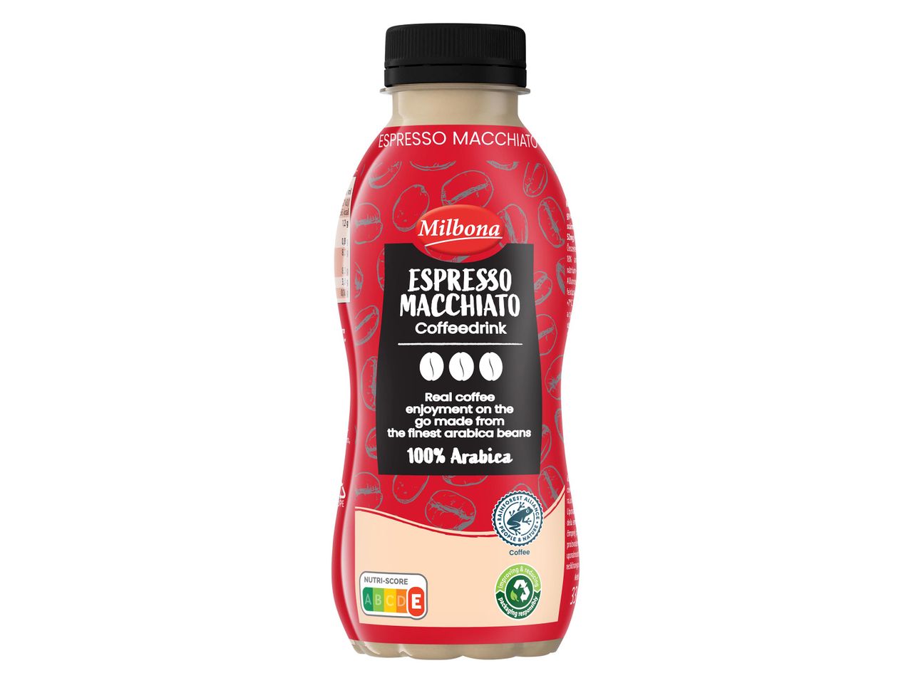Milbona Espresso Macchiato kávéital 100% Arabica kávébabból, Nutri-Score E jelöléssel.
