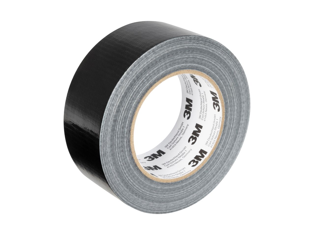 A roll of black duct tape with a gray adhesive side, showing repeated text on the core.