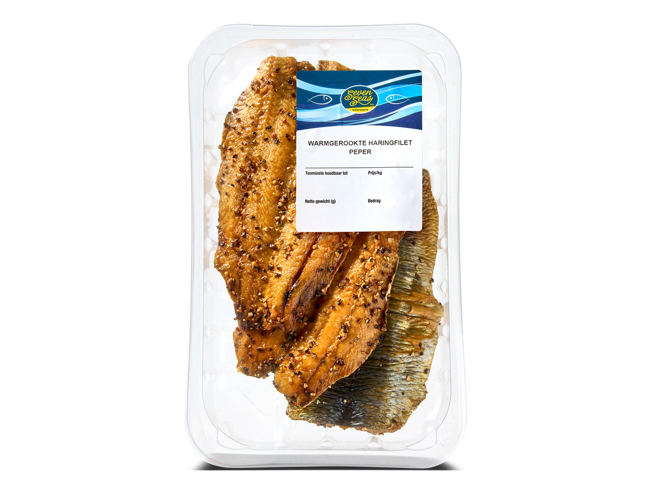 Verpakking met warmgerookte haringfilet met peper, inclusief productinformatie.