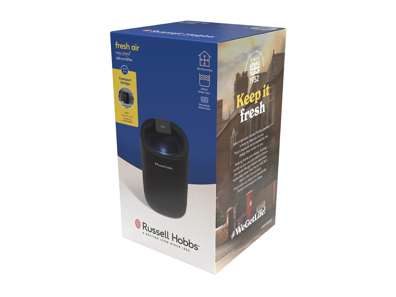 A boxed mini dehumidifier with a 600ml water tank capacity.