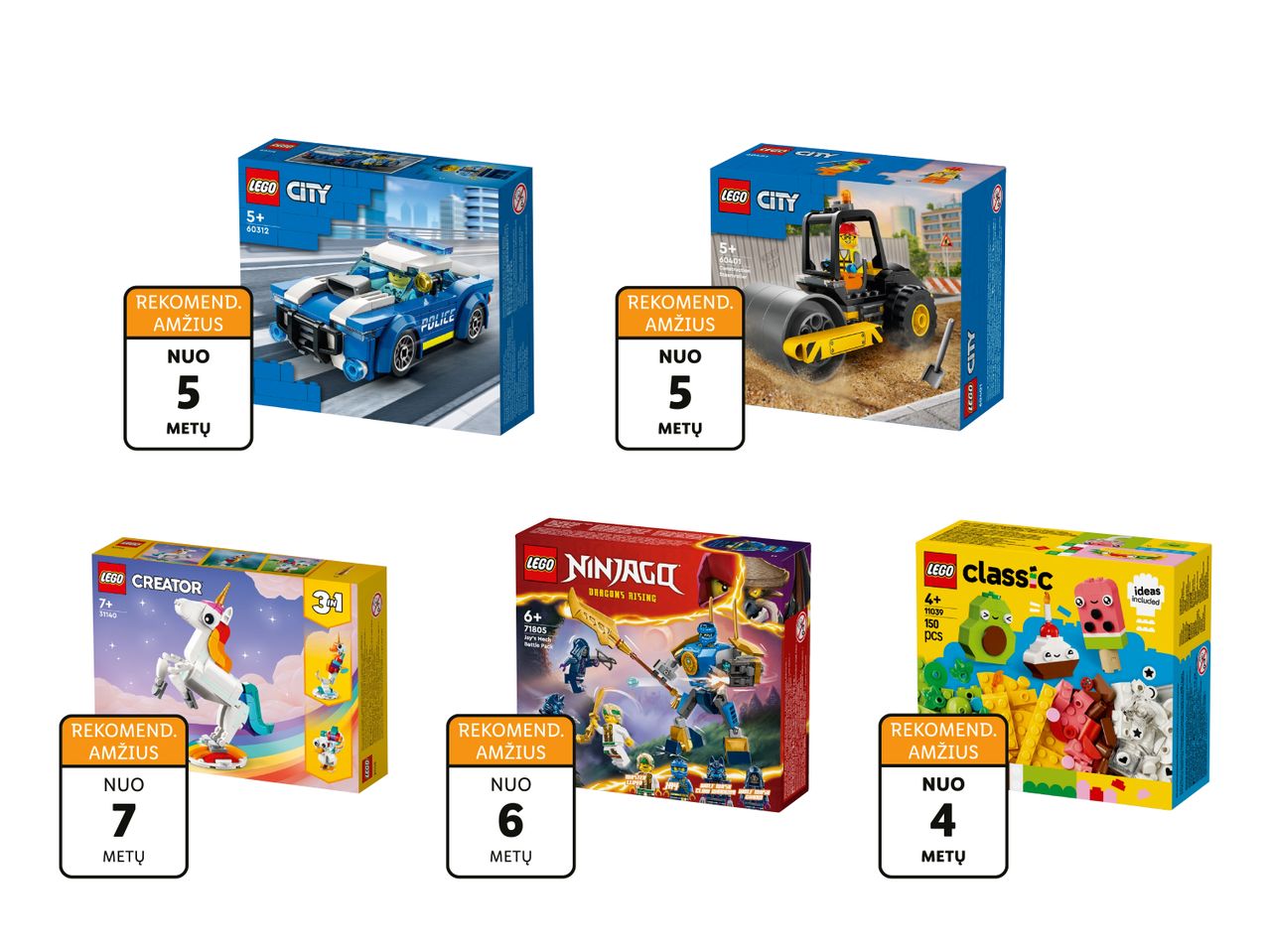 LEGO rinkiniai: City, Creator, Ninjago ir Classic serijų žaislai, rekomenduojami skirtingo amžiaus vaikams.