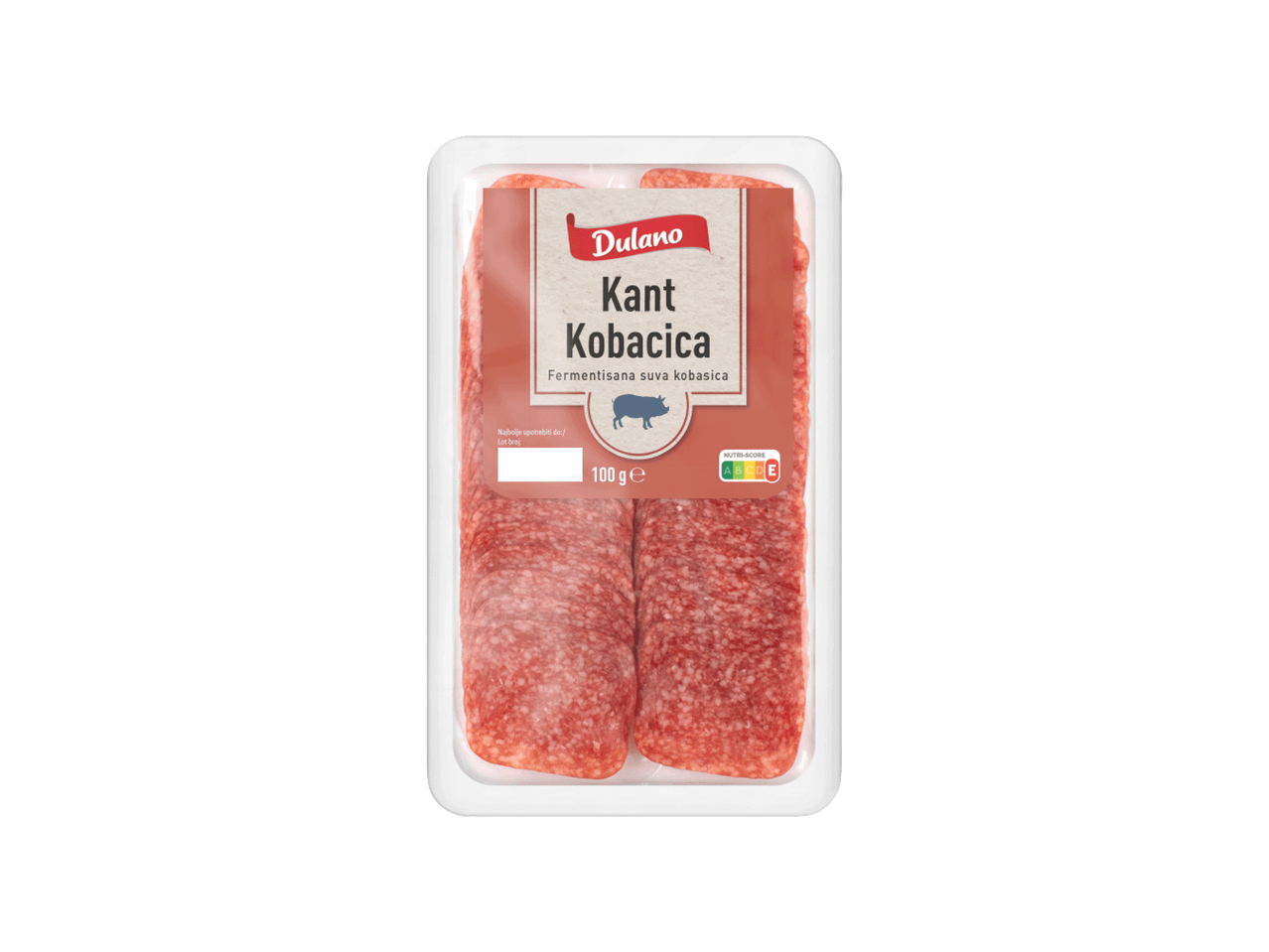 Pakovanje fermentisane suve kobasice, 100g, sa Nutri-Score oznakom.