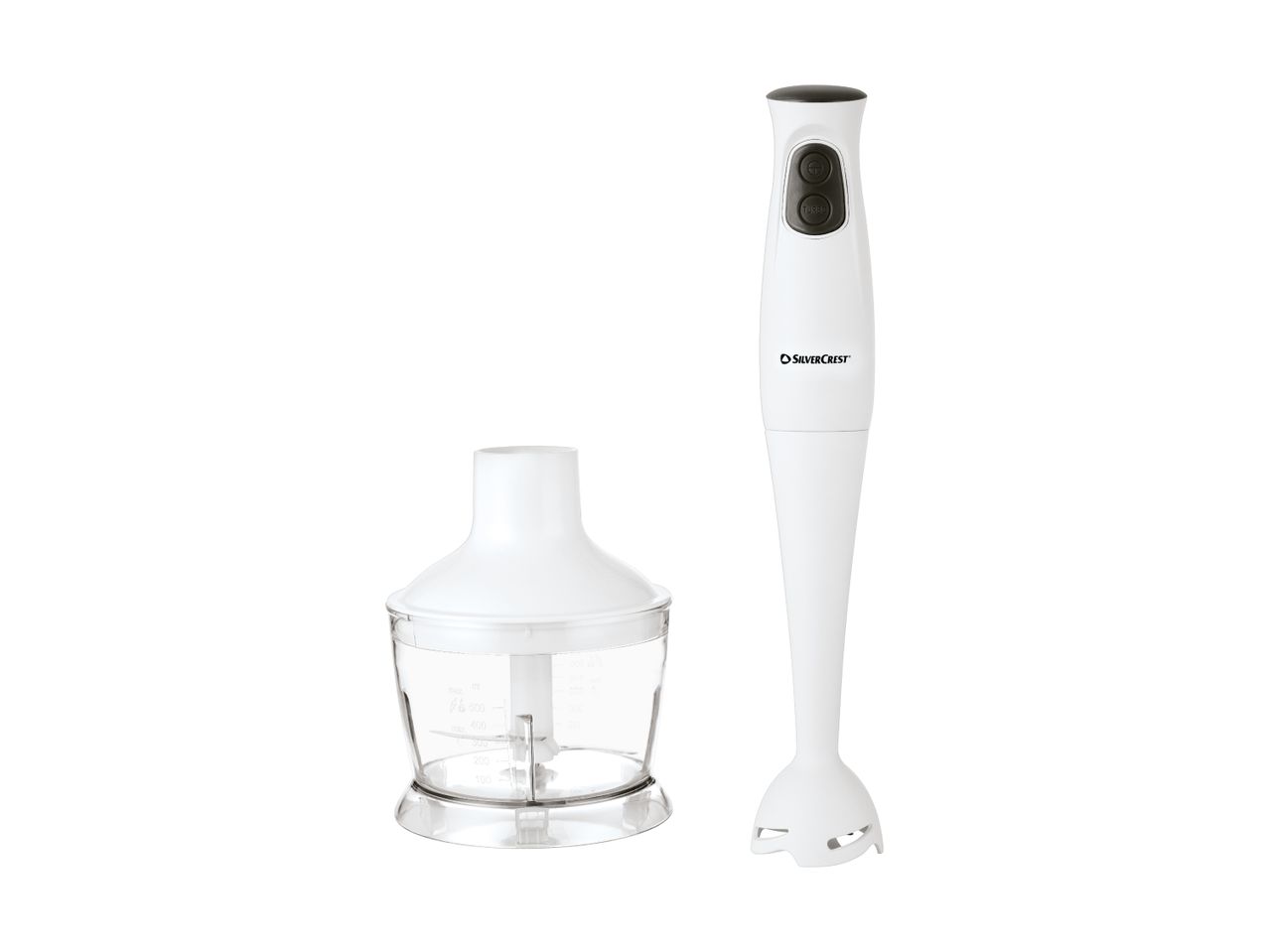 White SilverCrest immersion blender with a clear chopping attachment.