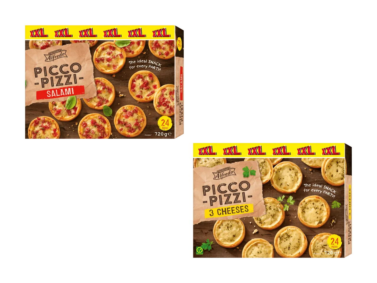 Deux paquets de mini-pizzas surgelées, l'une au salami et l'autre aux trois fromages, idéales pour les fêtes.