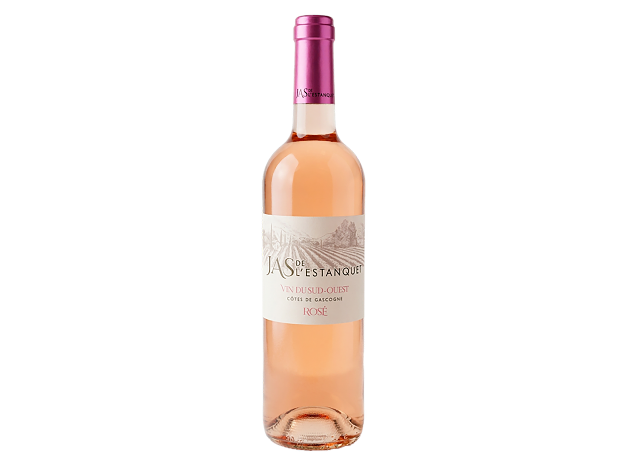 Bouteille de vin rosé avec une étiquette représentant un vignoble.