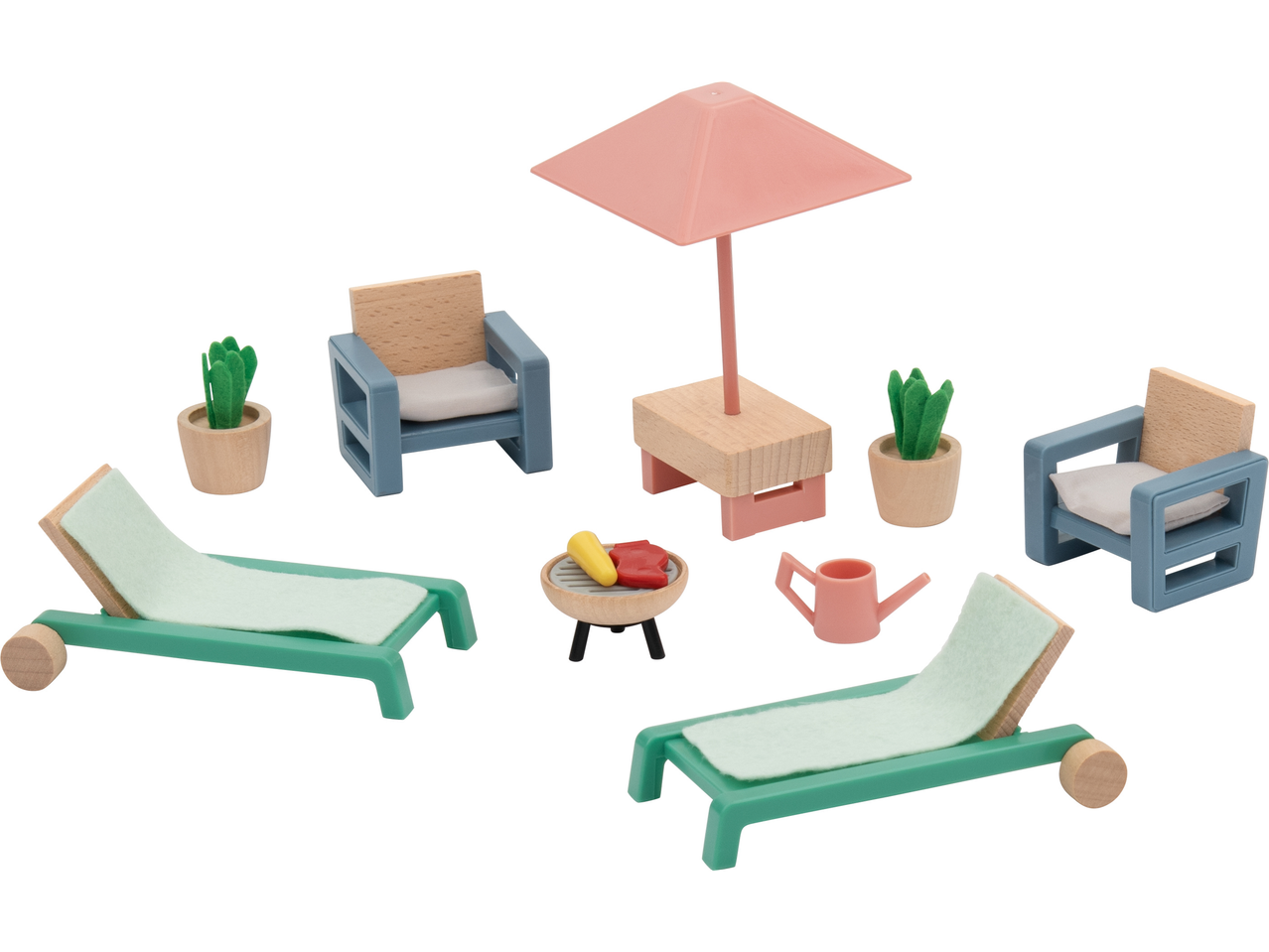 Lupilu wooden dollhouse patio furniture set with chairs, loungers, umbrella, grill, and plants.