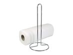 Chrome-plated metal paper towel holder with a roll of white paper towels