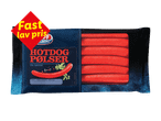 Pakke med hotdogpølser til gryde med et rødt mærke, der siger 'Fast lav pris'.