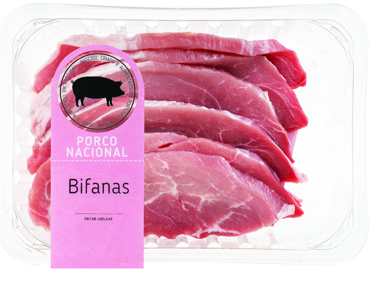 Bifanas de porco nacional em embalagem, com a indicação 'Nascido, criado e alimentado em Portugal'.