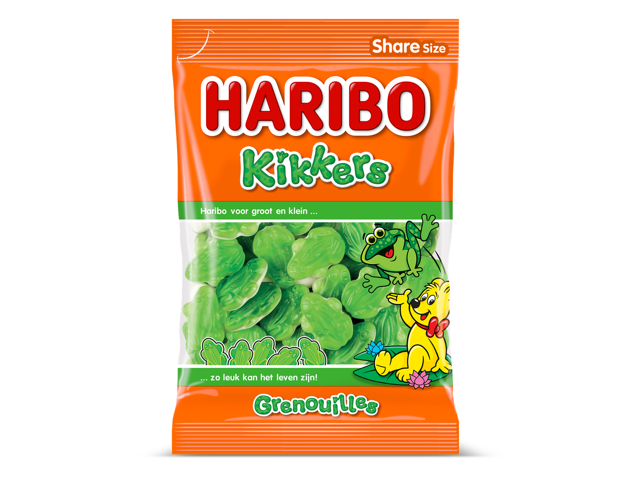 Een oranje zak met groene snoepkikkers en een afbeelding van een gele beer.