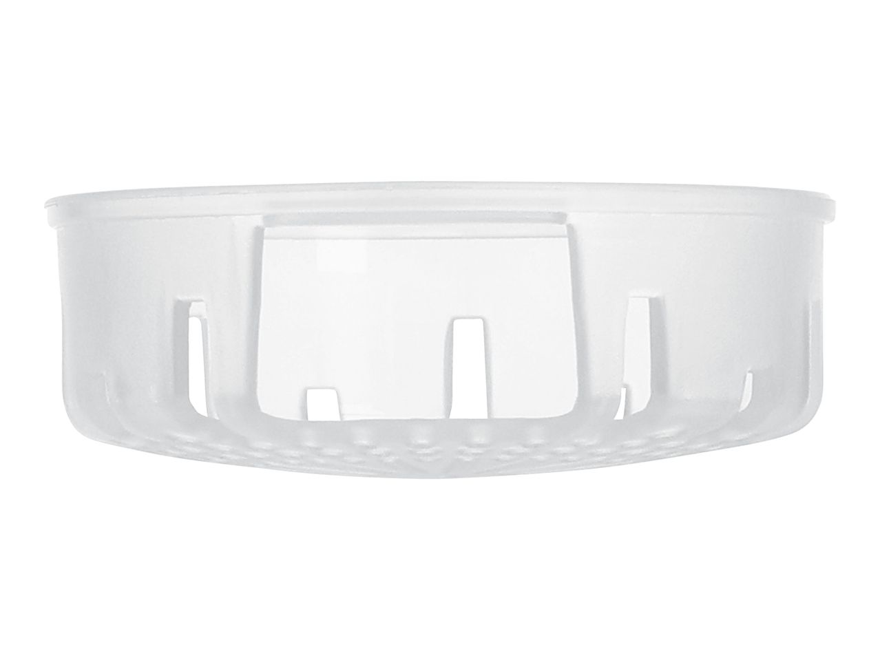 White plastic basket with slotted sides and a perforated bottom, for kitchen or bathroom use.