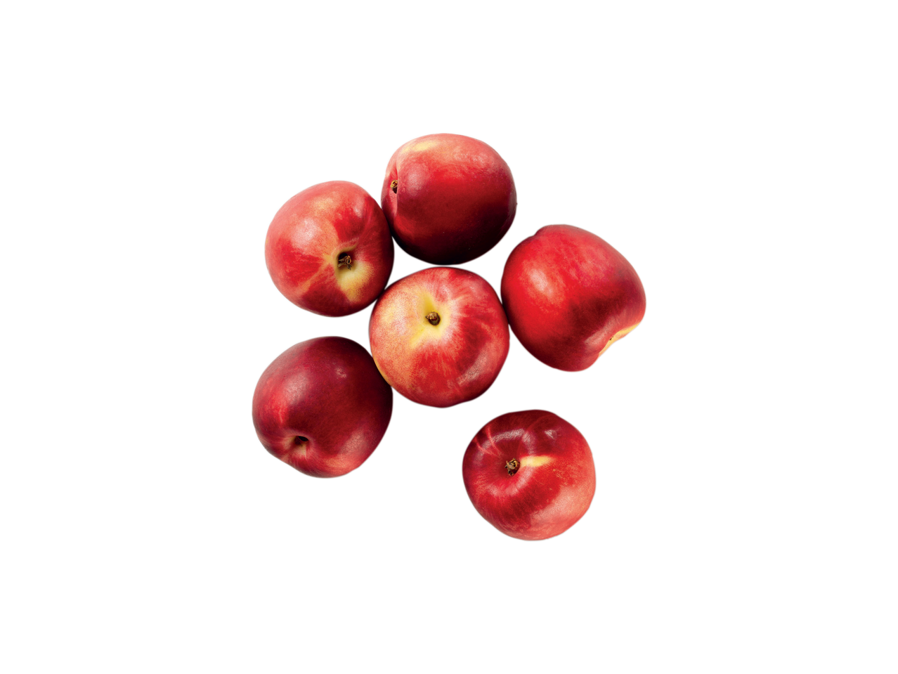 Sei pesche noci rosse e gialle disposte su uno sfondo nero.