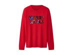 Red Christmas sweater with colorful sequined 'MERRY XMAS' text.