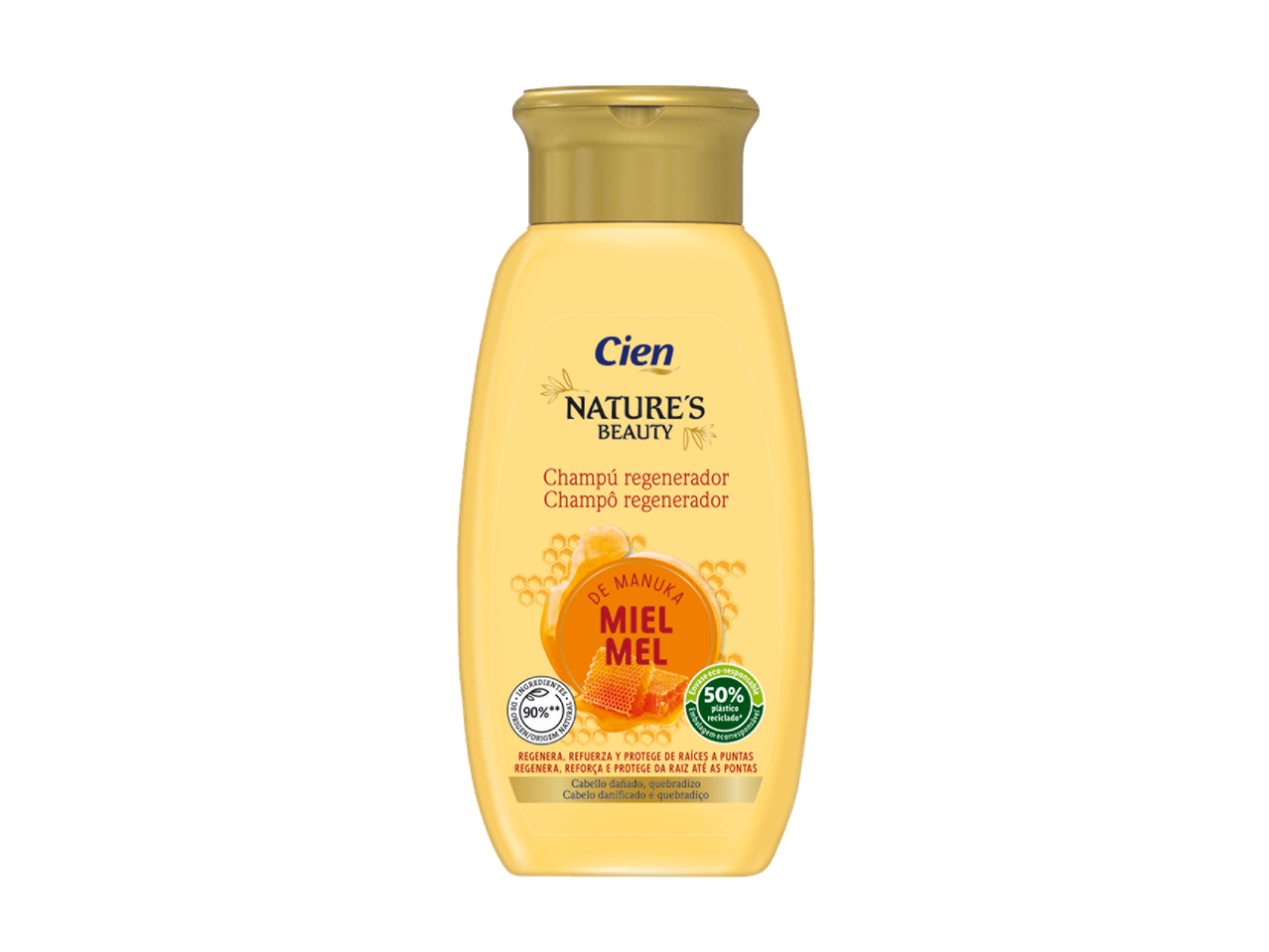 Cien Nature's Beauty champô regenerador com mel de Manuka para cabelo danificado.