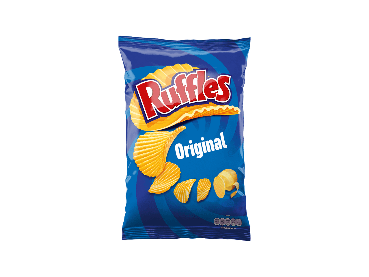 Um pacote azul de batatas fritas onduladas com o texto 'Original' e informações nutricionais.