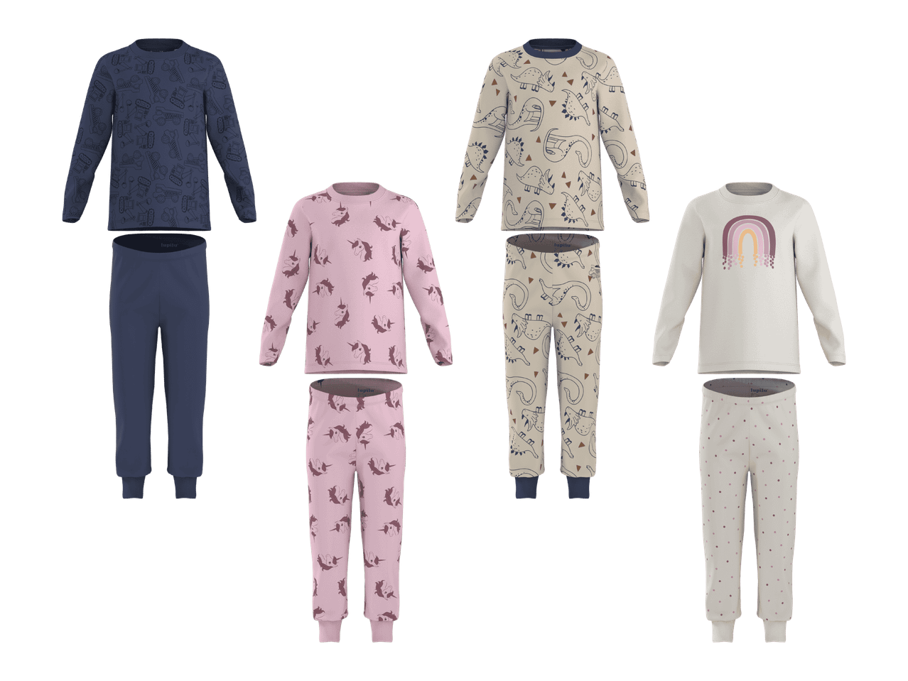 Neljä erilaista lasten pyjamasettiä kuoseilla ja sateenkaarikuvioilla.