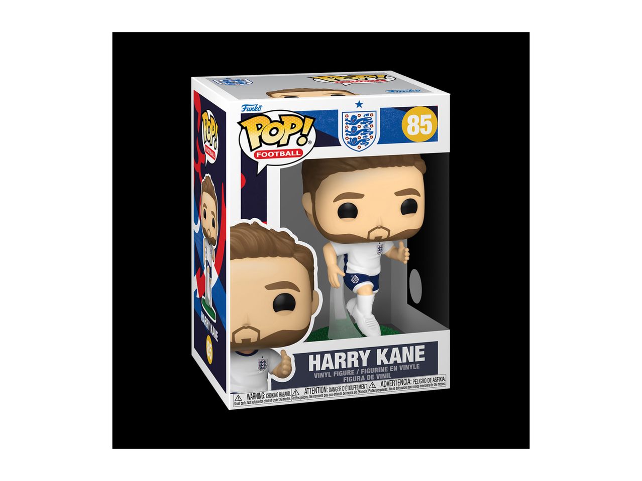 Football player collectible figure in a display box, featuring Harry Kane in a white and blue uniform.