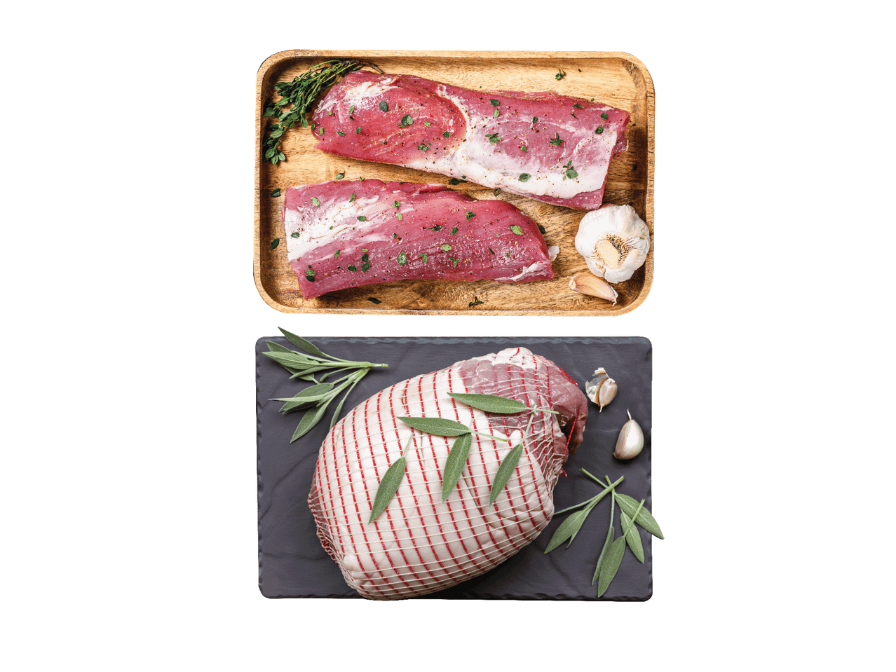 Žalia mėsa su prieskoniais ir česnaku, paruošta kepimui.