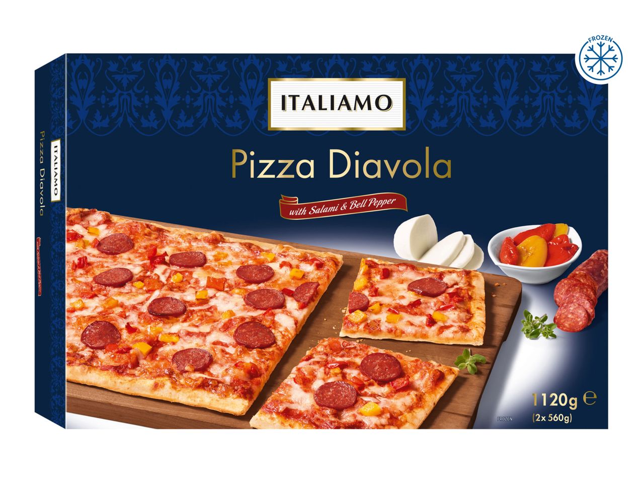 Frozen Italimo Pizza Diavola with salami and bell peppers.