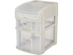 A white plastic two-tiered storage container with a hinged lid.