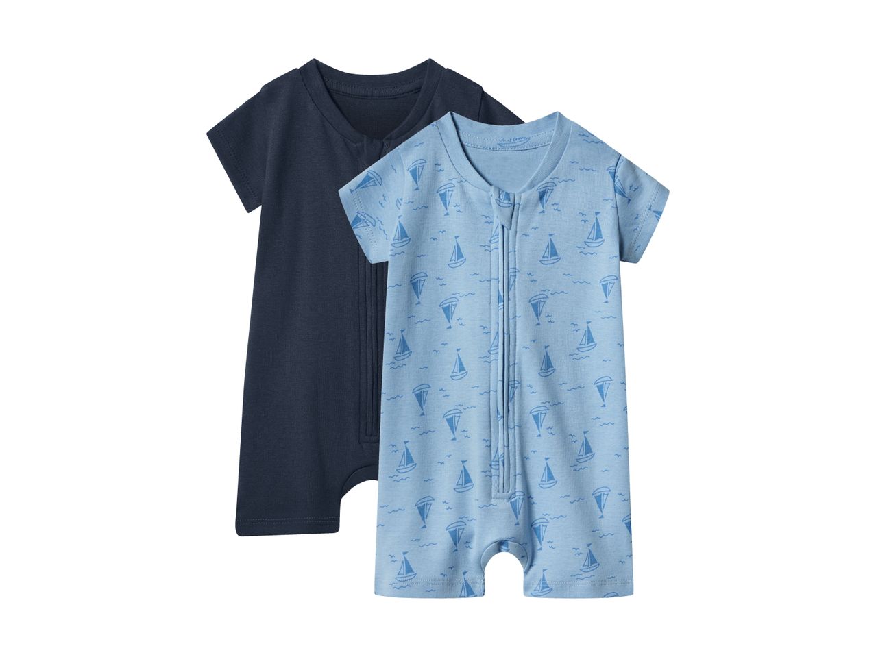 Two baby rompers, one dark blue and one light blue with a sailboat pattern.