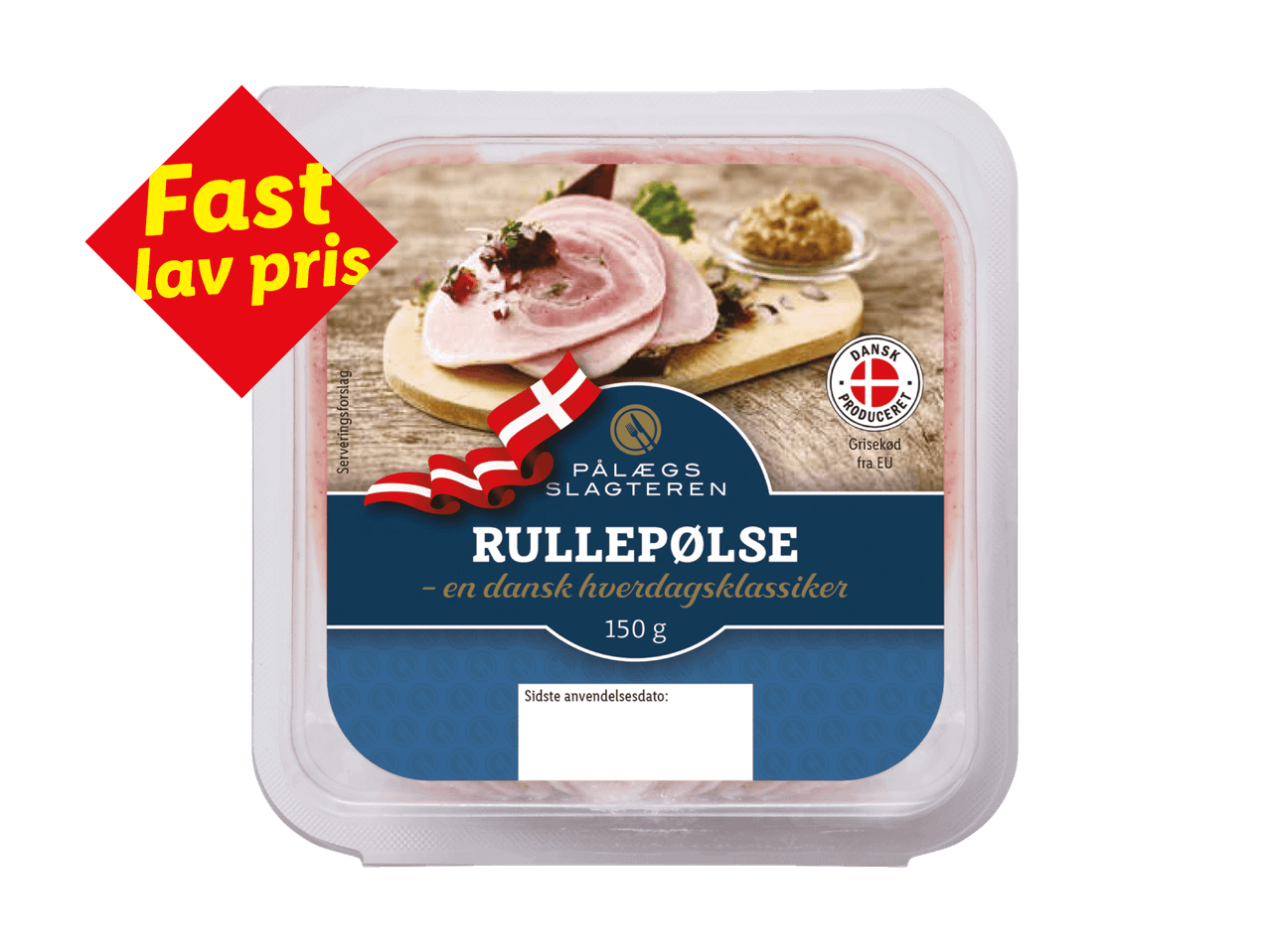 Pakke med skiveskåret rullepølse med et 'Fast lav pris'-mærke.