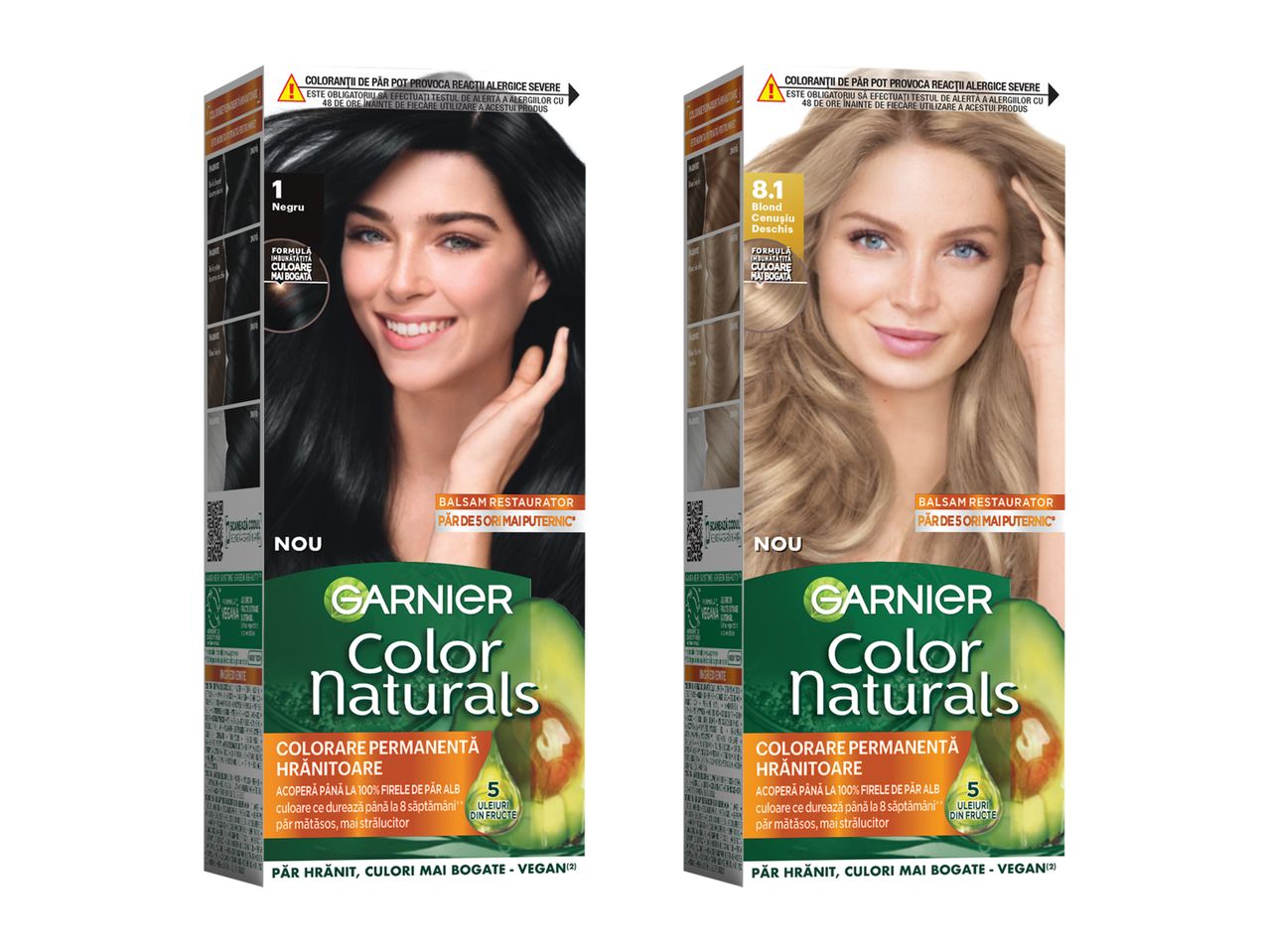 Două cutii de vopsea de păr Garnier Color Naturals, una neagră și una blondă.