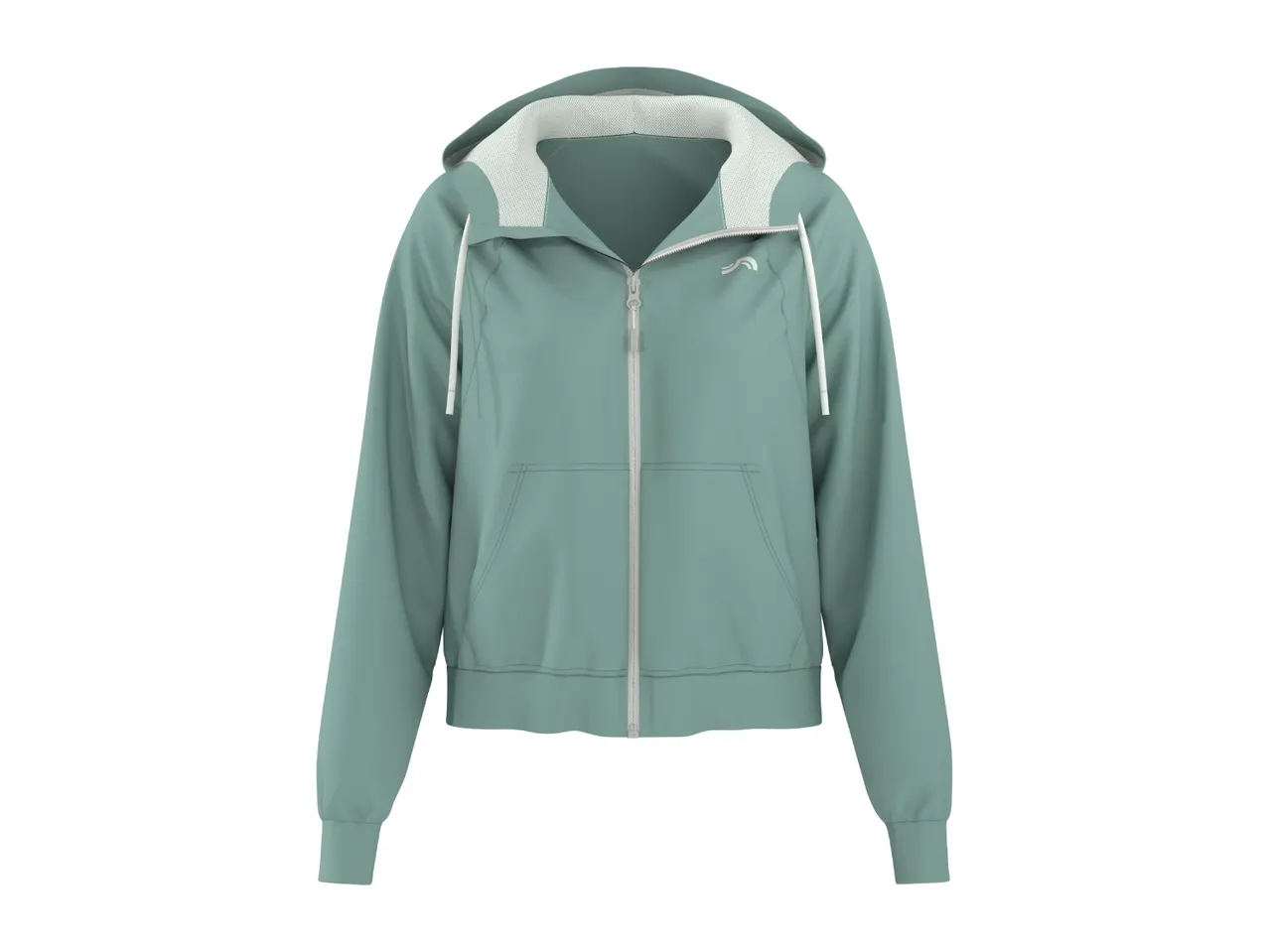 Light green hooded jacket with a white zipper and drawstrings, featuring a subtle logo.