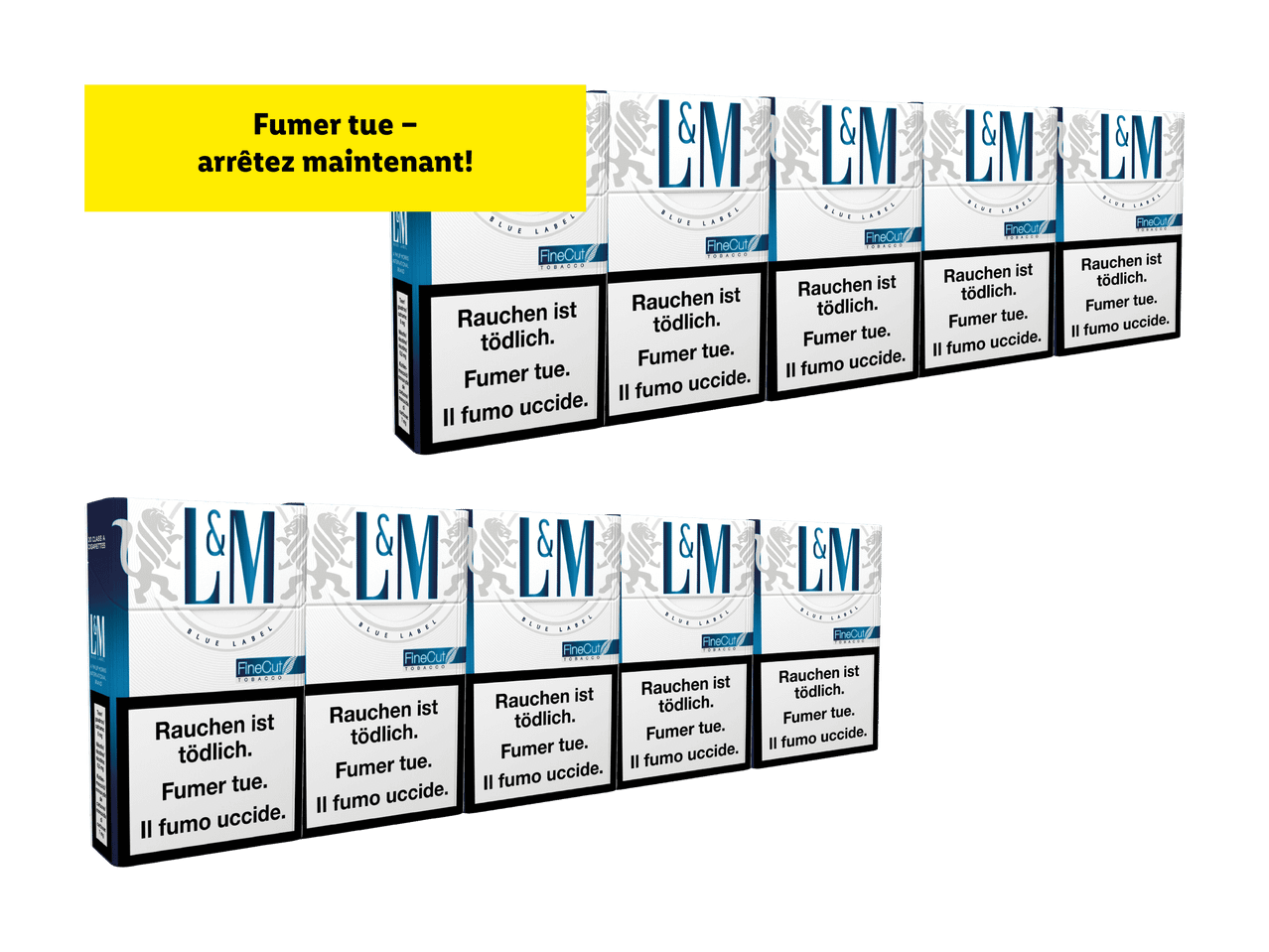 Paquets de cigarettes L&M avec avertissements sanitaires en allemand, français et italien.