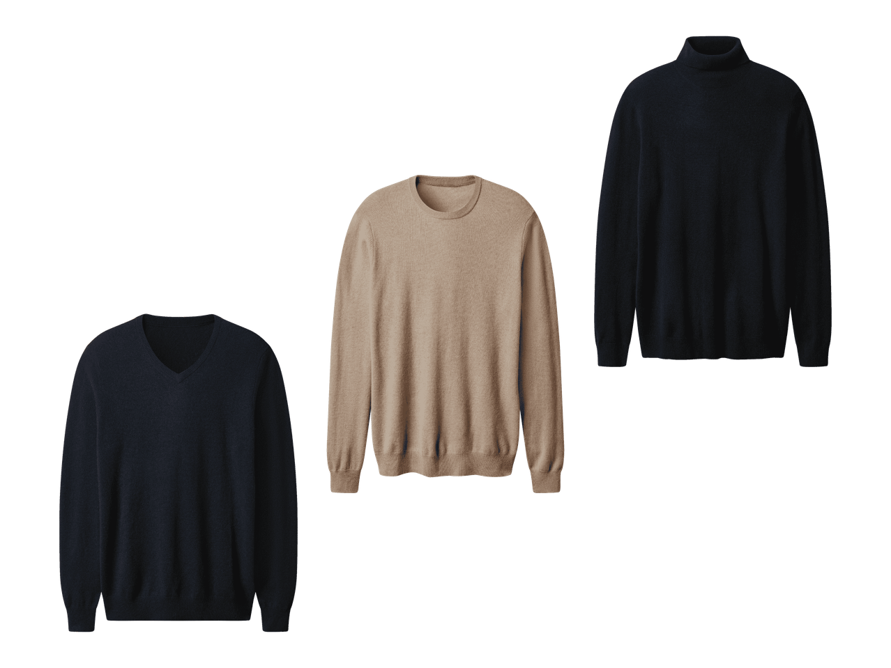 Kolme neulepuseroa: tummansininen V-aukkoinen, beigenvärinen pyöreäkauluksinen ja tummansininen poolokauluksinen.