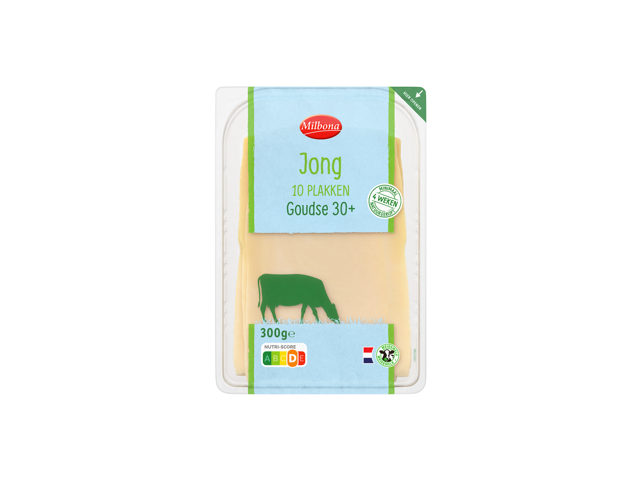 Milbona Goudse 30+ jonge kaasplakken, 10 plakken, 300g, Nutri-Score A