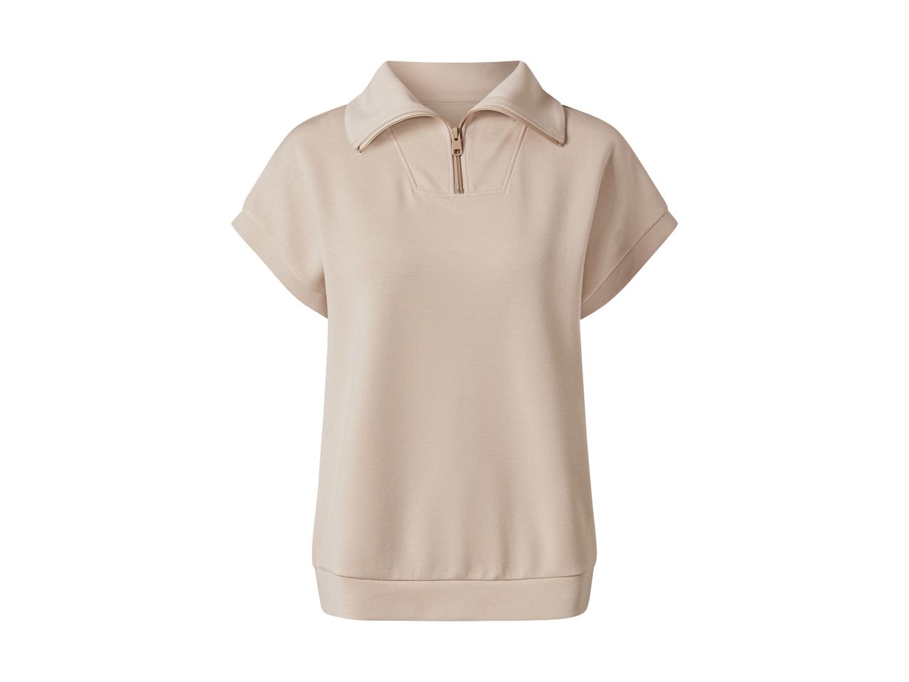 En lys beige sweatshirt med korte ærmer og lynlås i halsen.