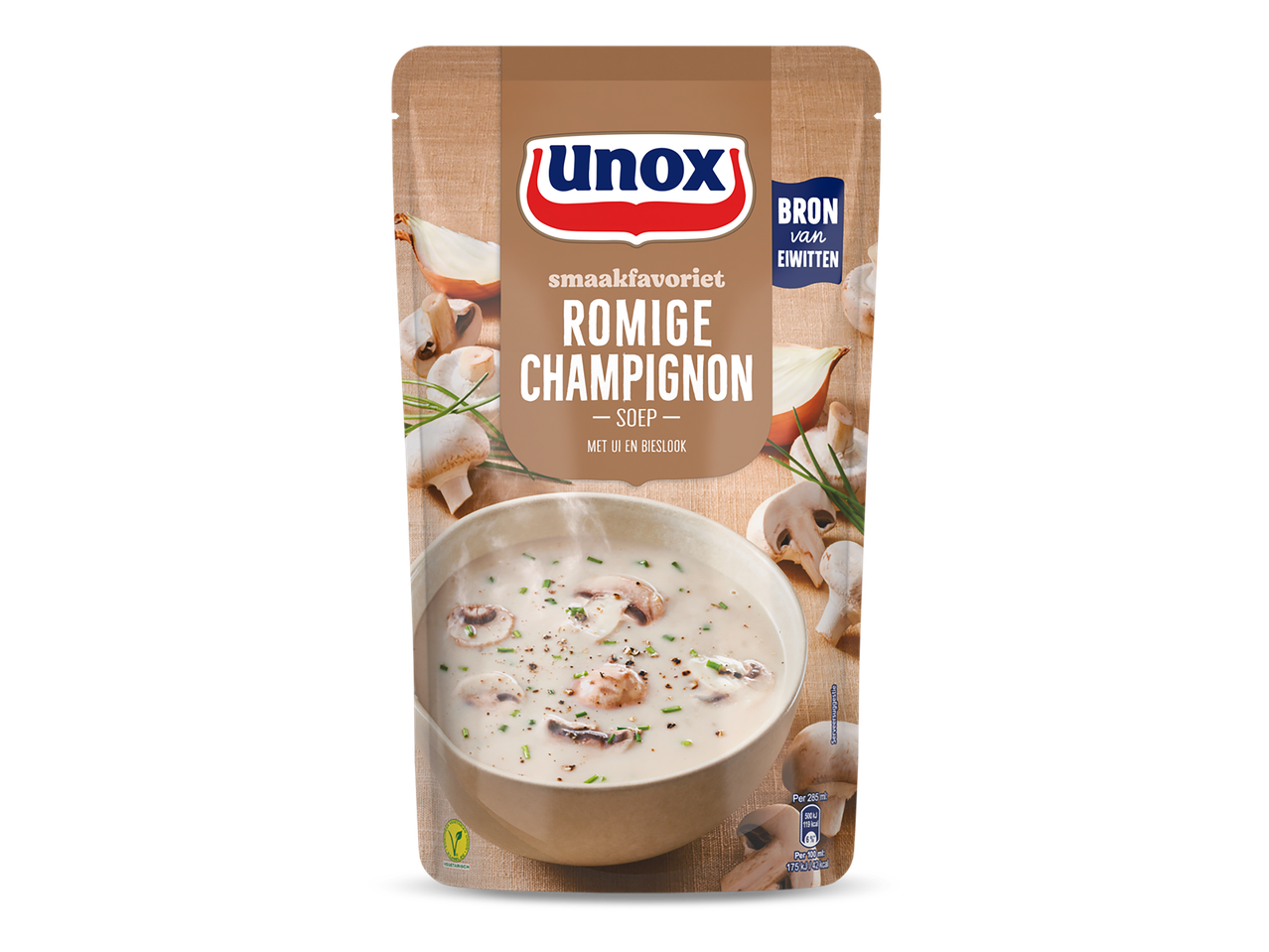 Verpakking van romige champignonsoep met ui en bieslook, een bron van eiwitten.