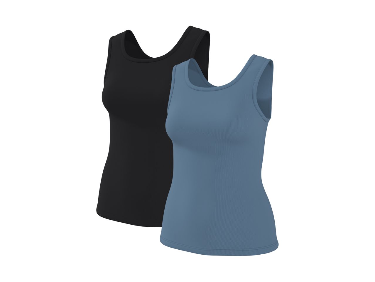 Two ribbed tank tops, one black and one blue, displayed on a white background.