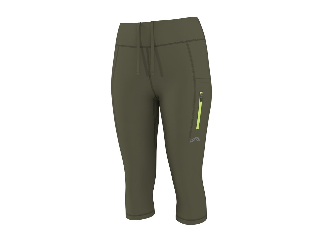 Khaki green women's capri leggings with a side pocket and drawstring waist.