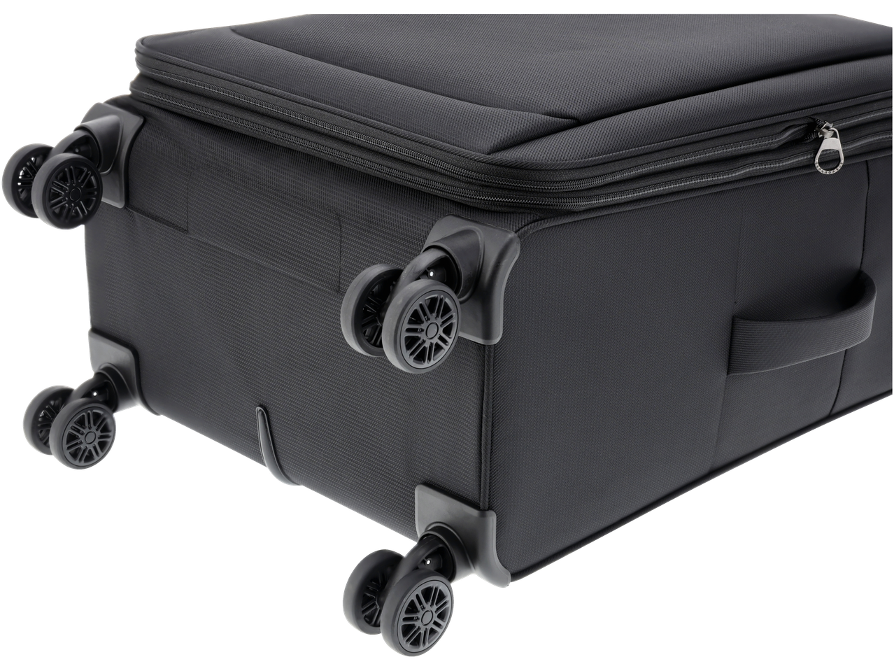 Close-up of a black Esmara trolley suitcase with wheels and a zipper.