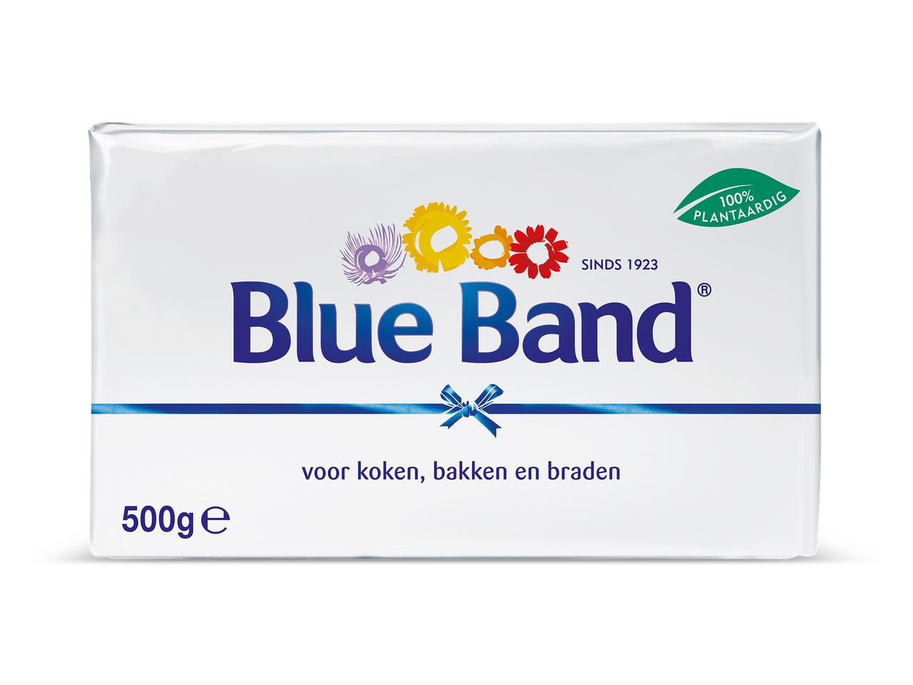 Een pak margarine van 500g met de tekst '100% plantaardig' en 'voor koken, bakken en braden'.