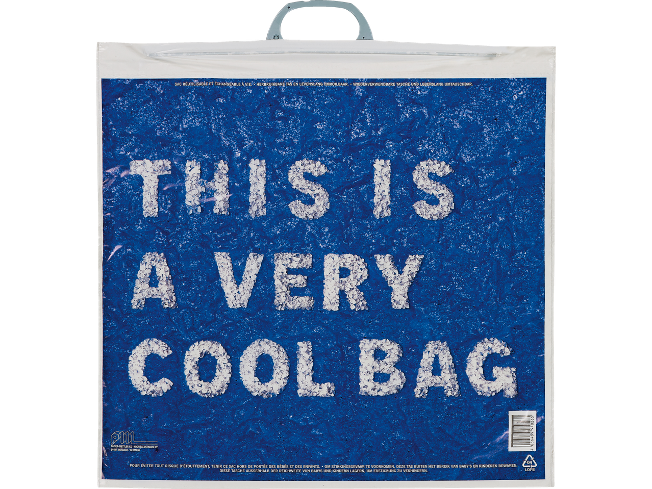 Un sac de congélation réutilisable bleu avec le texte 'THIS IS A VERY COOL BAG' en blanc.