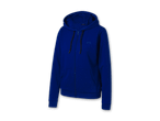 Blauer Kapuzenpullover mit Reißverschluss und Kordelzug auf schwarzem Hintergrund.