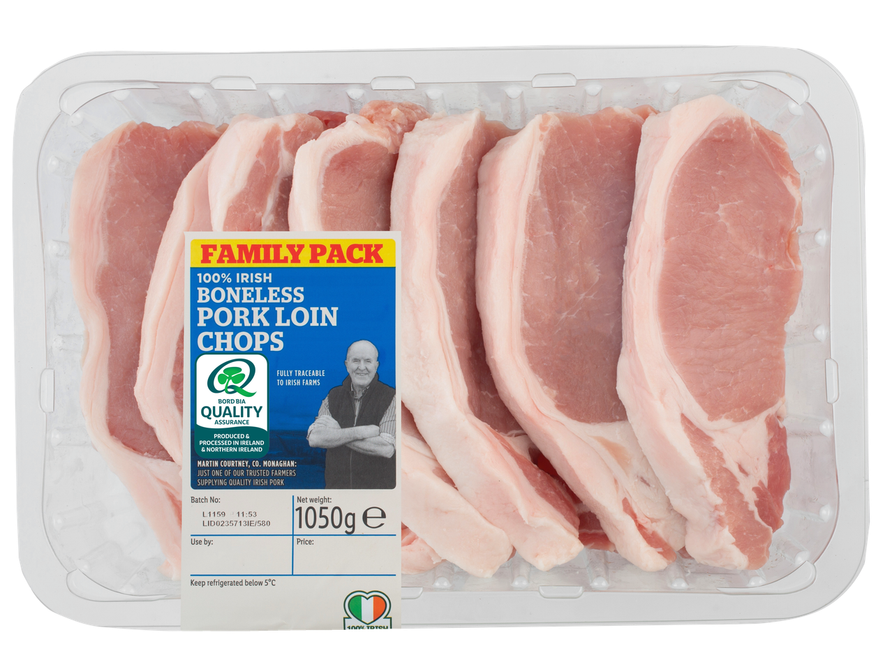 A family pack of boneless Irish pork loin chops in a clear plastic tray.