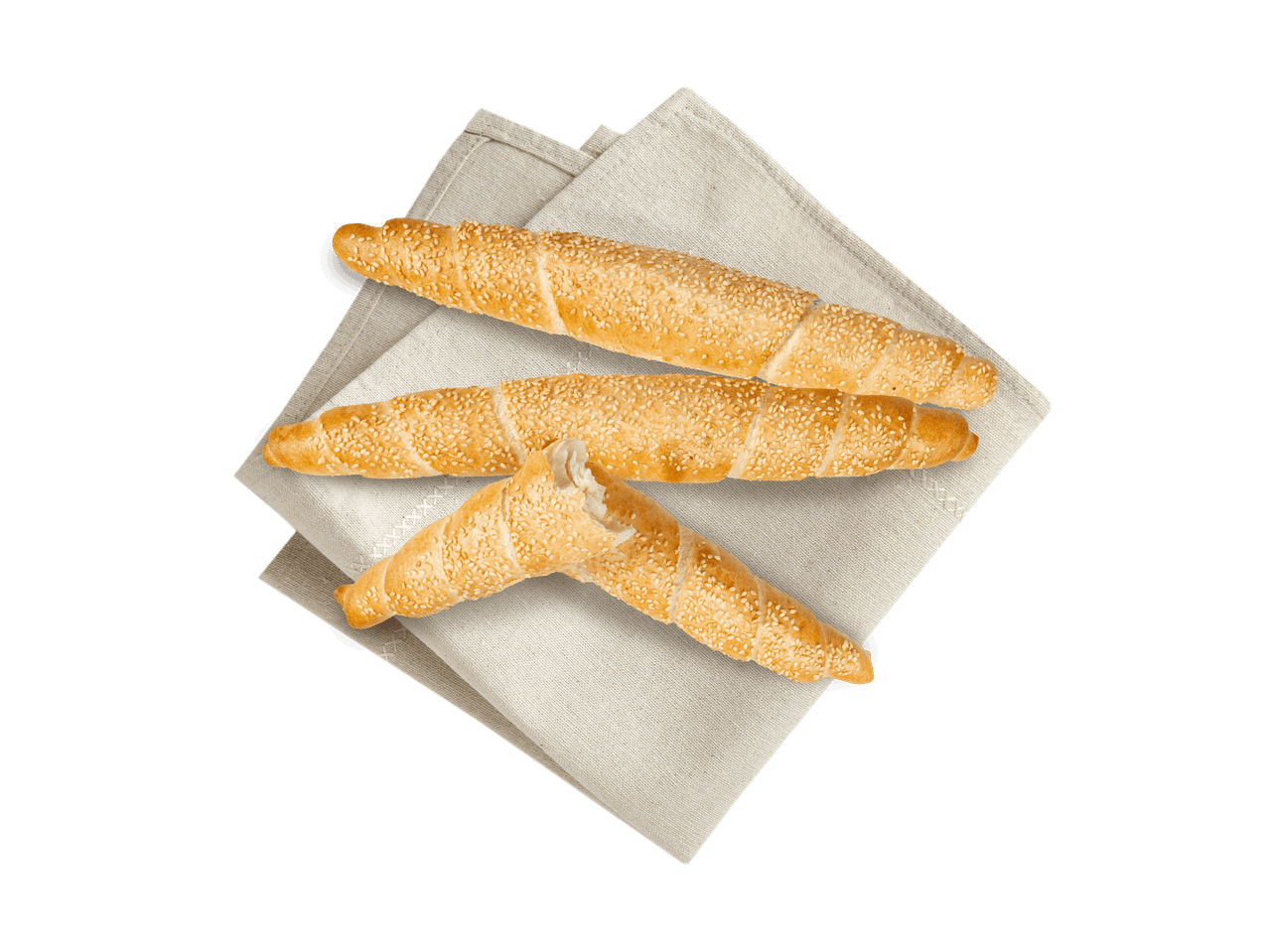 Drei goldbraune, mit Sesam bestreute Brötchen auf einem hellen Leinentuch.