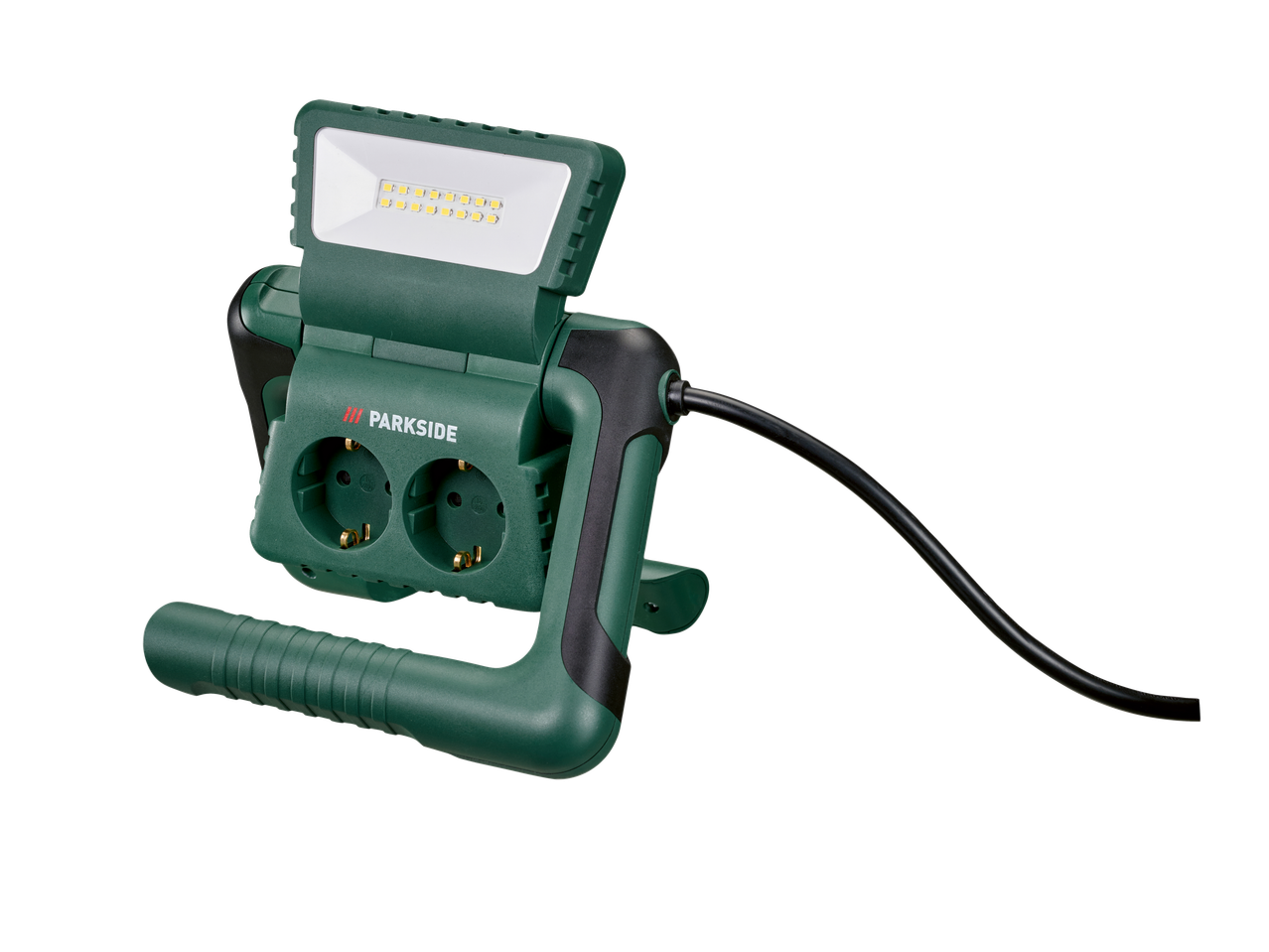 Luz de trabalho LED Parkside com tomada dupla integrada.