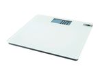 Digital bathroom scale with a white glass surface, displaying '0.0 kg' on the screen.