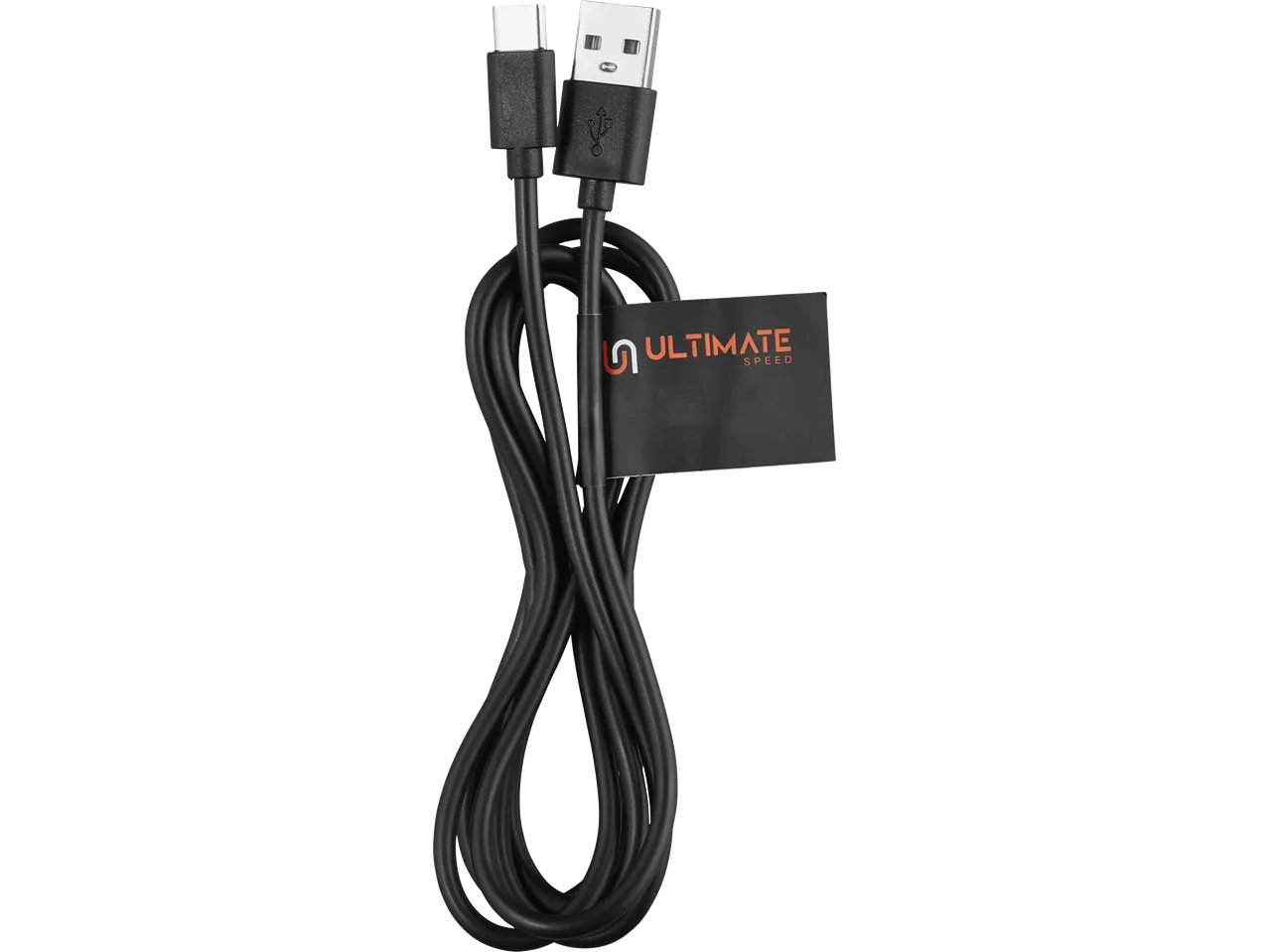 Cabo USB preto com conectores USB-A e USB-C, marca ULTIMATE SPEED.
